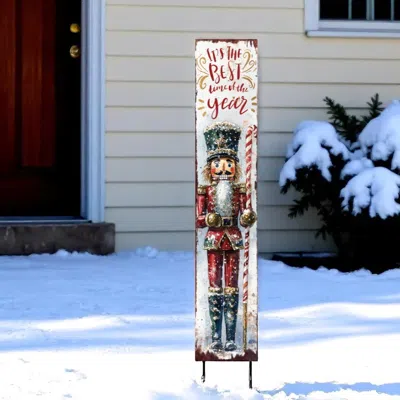 Hivvago 42" Red And White Solid Wood Best Time Of Year Christmas Nutcracker Garden Stake