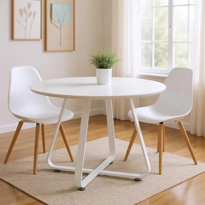 Hivvago 43" White Wood And Metal Sled Base Round Top Dining Table