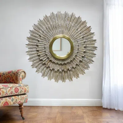 Hivvago 44" Antiqued Gold Sunburst Wood And Metal Framed Accent Mirror