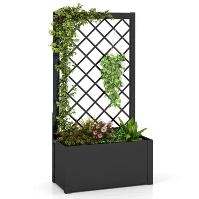 Hivvago 44 Inch Metal Raised Garden Bed With Trellis-black In Gray