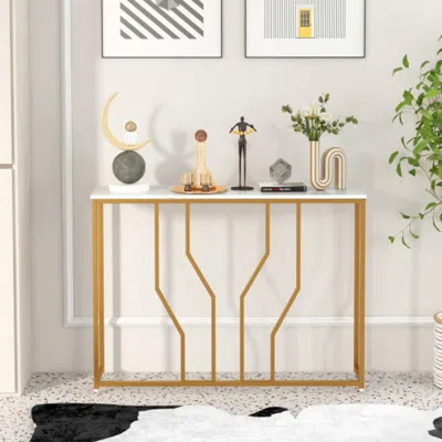 Hivvago 44 Inch Modern White Entryway Table With Faux Marble Tabletop-white In Brown