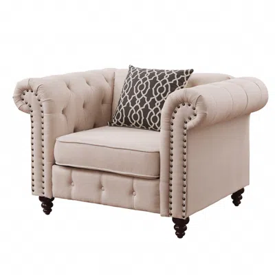 Hivvago 45" Beige And Black Linen Tufted Chesterfield Chair And Toss Pillow