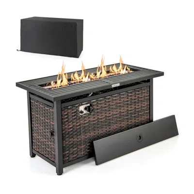 Hivvago 45 Inch Propane Rattan Firepit Table With Glass Stones And Protective Cover-mixed Brown In Black