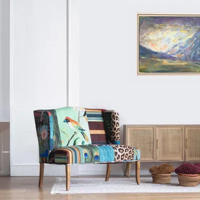 Hivvago 45 Inch Settee Loveseat Bench, Handcrafted Wingback Design, Bird Collage Print Velvet Fabric, Multic