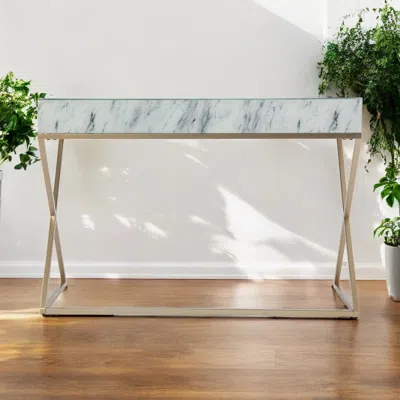 Hivvago 45" White And Bronze Glass Writing Desk With Two Drawers In Gray