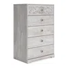 Hivvago 46 Inch 5 Drawer Modern Tall Dresser Chest, Whitewashed Carved Design Wood