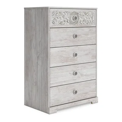 Hivvago 46 Inch 5 Drawer Modern Tall Dresser Chest, Whitewashed Carved Design Wood