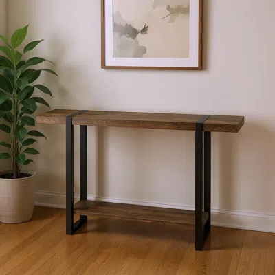 Hivvago 47" Brown And Black Wood And Metal Distressed Sled Console Table With Shelf