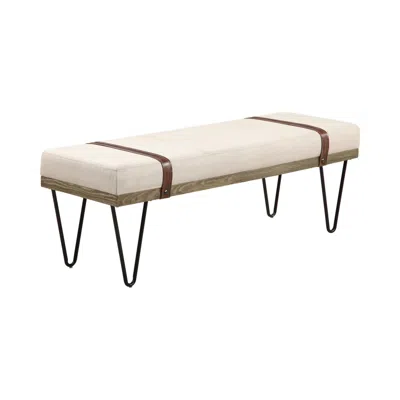 Hivvago 47 Inch Accent Bench, Faux Leather Straps, Black Hairpin Legs, Beige Fabric