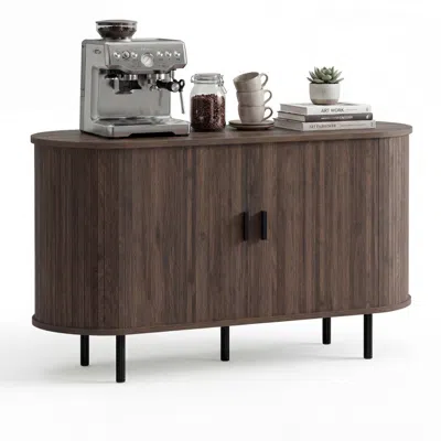 Hivvago 47 Inch Fluted Sideboard Buffet Cabinet With Tambour Sliding Doors And Metal Legs In Brown