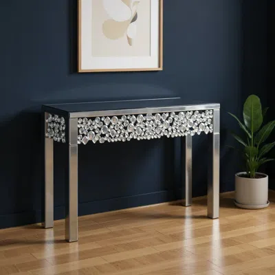 Hivvago 47" Silver Mirrored Glass Faux Crystal Bling Console Table In Metallic