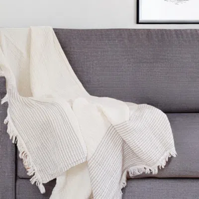 Hivvago 47" X 60" Beige And Ivory Cotton Woven Striped Throw Blanket With Fringe In White