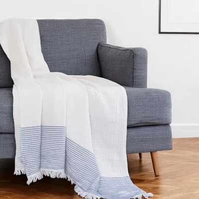 Hivvago 47" X 60" Blue And Ivory Cotton Woven Striped Throw Blanket With Fringe In White