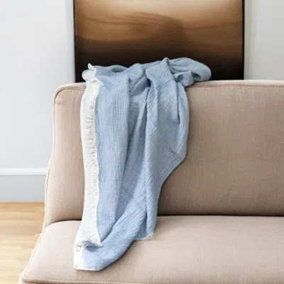 Hivvago 47" X 60" Blue Cotton Woven Turkish Towel Throw Blanket With Fringe