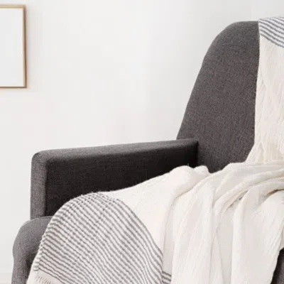 Hivvago 47" X 60" Gray And Ivory Cotton Woven Striped Throw Blanket With Fringe In Neutral