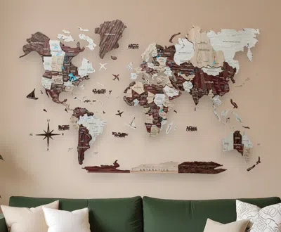 Hivvago 47" X 79" Brown And Beige Wood World Map Hanging Dimensional Sculpture