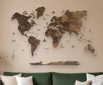 Hivvago 47" X 79" Dark Brown Wood World Map Hanging Dimensional Sculpture In Multi