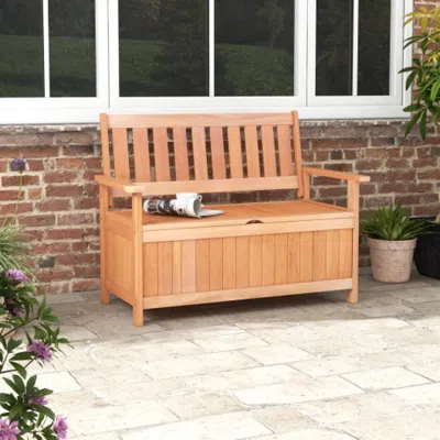 Hivvago 48 Inch Patio Wood Storage Bench With Slatted Backrest