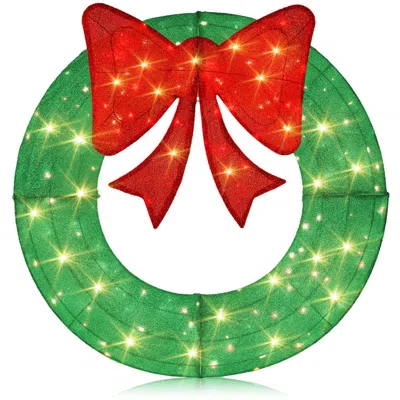 Hivvago 48 Inch Pre-lit Lighted Christmas Mesh Wreath With Bow And 200 Led Bulbs-green