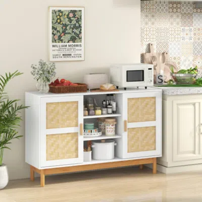Hivvago 48 Inch Sideboard Buffet Cabinet Floor Storage Cabinet With 2 Bamboo Woven Doors-white