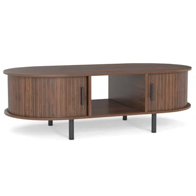 Hivvago 48" Mid Century Center Table With Sliding Fluted Doors And Open Compartment In Brown
