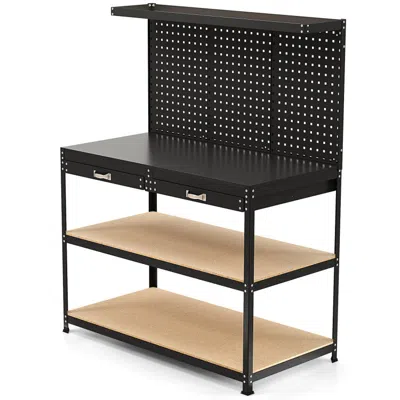 Hivvago 48 X 24 Inch Workbench Work Table With 3 Pcs Pegboard Drawer And Shelves In Black