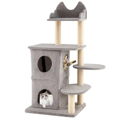 Hivvago 48.5 Inch Cat Tree With 2-story Condo And 3 Hideaway Caves For Large Cats In Gray