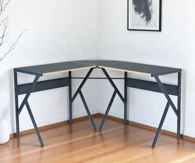 Hivvago 49" Black Wood And Metal Corner H-shape Computer Desk In Gray