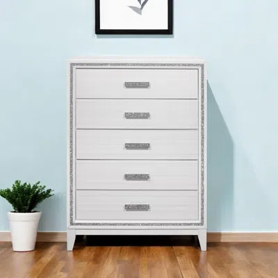 Hivvago 49" White And Silver And Faux Wood And Crystal Bling Lighted Five Drawer Dresser In Neutral