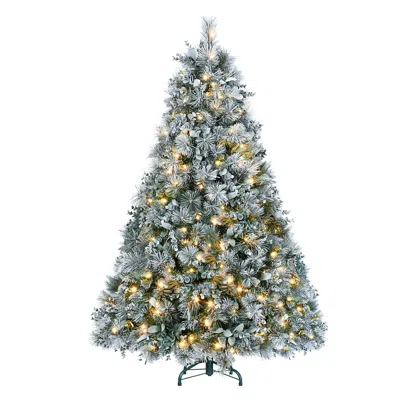 Hivvago 4ft Prelit Flocked Christmas Tree With Pine Needles & Eucalyptus Leaves In Silver