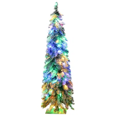 Hivvago 4ft Tall Prelit Pencil Artificial Christmas Tree Holiday Dãcor With 225 Snow Flocked Branches In Multi