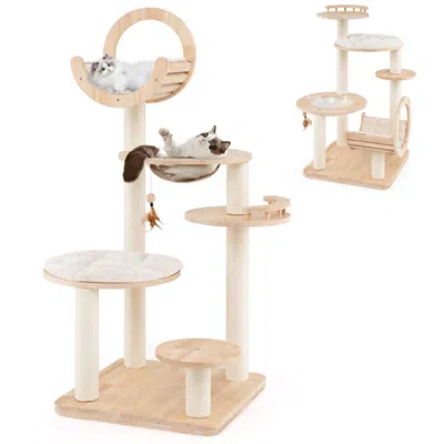 Hivvago 4-in-1 Large Wooden Cat Tower With Space Capsule Nest For Indoor Cats In Sand