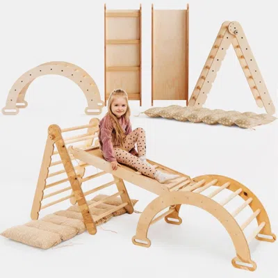 Hivvago 4in1 Montessori Climbing Set: Triangle Ladder + Climbing Arch + Slide Board & Cushion - Beige In Brown