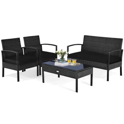 Hivvago 4pcs Outdoor Rattan Patio Furniture Set W/ Cushions, Loveseat, Chairs & Table In Black