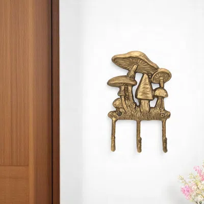 Hivvago 5" Antiqued Gold Cast Iron Mushroom Three Hook Wall Mount Coat Rack In Brown