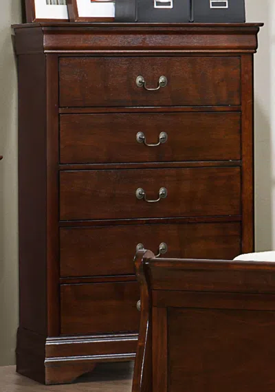 Hivvago 5 Drawer Wooden Chest With Metal Hardware, Cherry Brown
