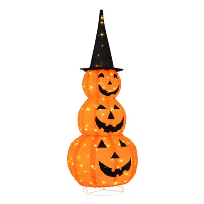 Hivvago 5 Feet Lighted Stacked Pumpkins Halloween Decoration With Witch Hat