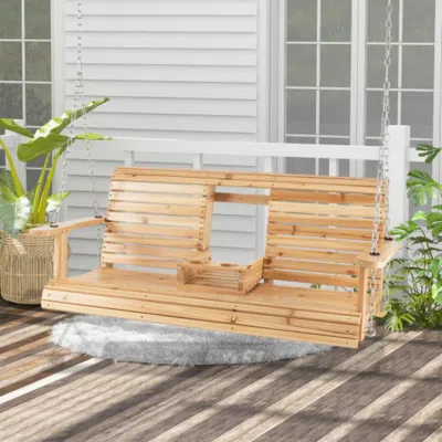 Hivvago 5 Feet Porch Swing Chair With Adjustable Chains And Foldable Cup Holders In Neutral