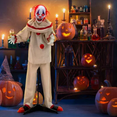 Hivvago 5 Ft Grins Animatronic Killer Clown Halloween Decoration With Glowing Red Eyes