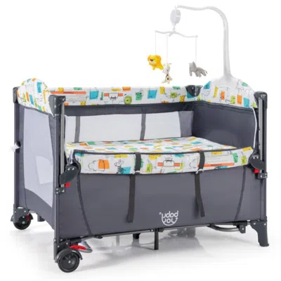 Hivvago 5-in-1 Baby Nursery Center Foldable Toddler Bedside Crib With Music Box-black In Brown