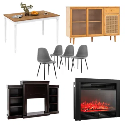 Hivvago 5-in-1 Complete Dining Room Set: Extendable Table 4 Chairs Electric Fireplace Media Console & Bamboo