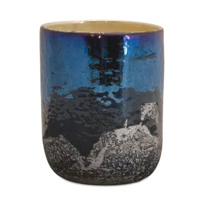 Hivvago 5" Navy Blue And Silver Abstract Glass Tabletop Pillar Candle Holder In Multi