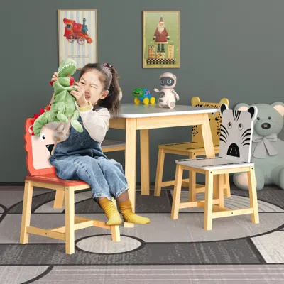 Hivvago 5 Pcs Solid Wood Kiddie Dining And Playing Table And Chair Set - White