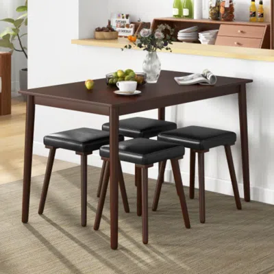 Hivvago 5 Piece Dining Table Set For 4 With 4 Upholstered Stools And Rubber Wood Legs-brown