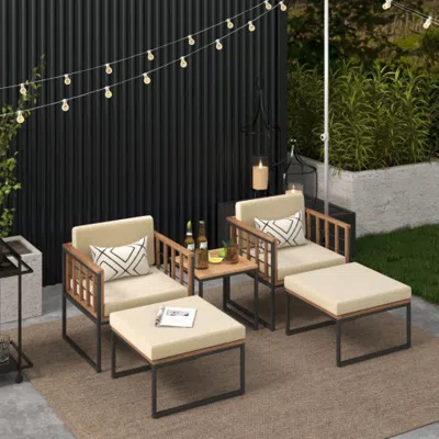 Hivvago 5 Piece Outdoor Furniture Set Acacia Wood Chair Set With Ottomans And Coffee Table-beige In Brown