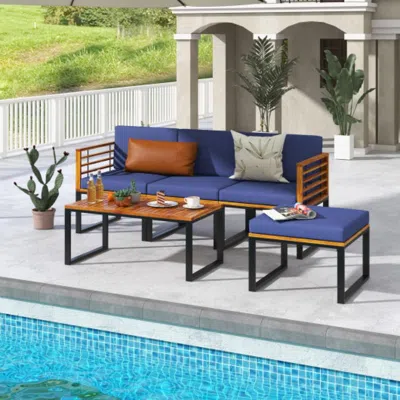Hivvago 5-piece Patio Acacia Wood Chair Set With Ottoman And Coffee Table-navy In Blue