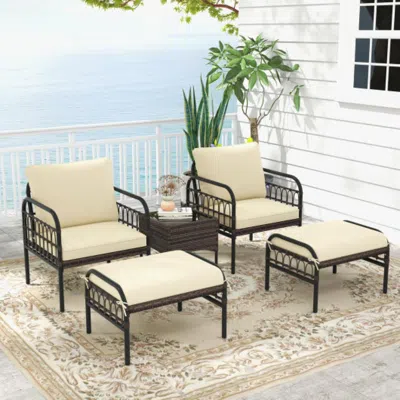 Hivvago 5 Piece Patio Conversation Set With Ottomans And Coffee Table In Neutral