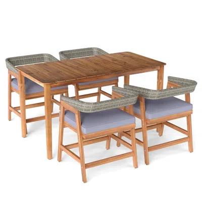 Hivvago 5 Piece Patio Dining Set Solid Wood With Rattan Backrest And Cushions In Brown