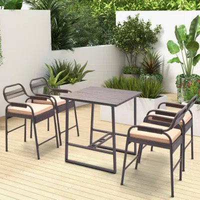 Hivvago 5 Piece Rattan Counter Set With 4 Stools And Polywood Bar Table-brown