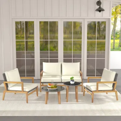 Hivvago 5 Piece Rattan Furniture Set Wicker Woven Sofa Set With 2 Tempered Glass Coffee Tables-off White
